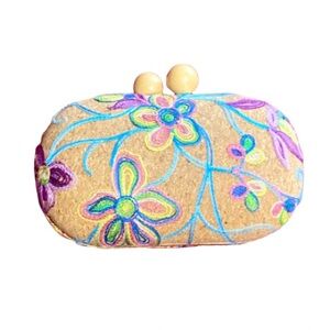 Floral Embroidered Cork Oval Clutch/ Crossbody with Removable Gold Chain Strap